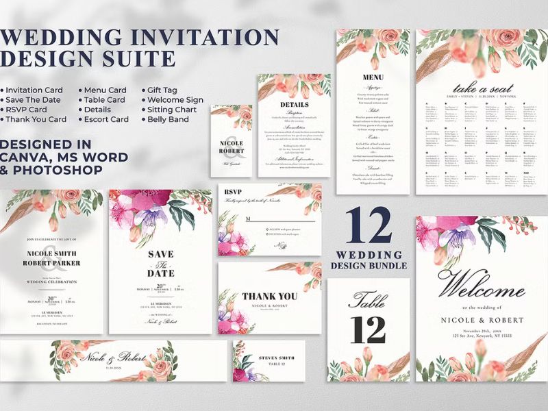 watercolor floral botanical wedding suite template