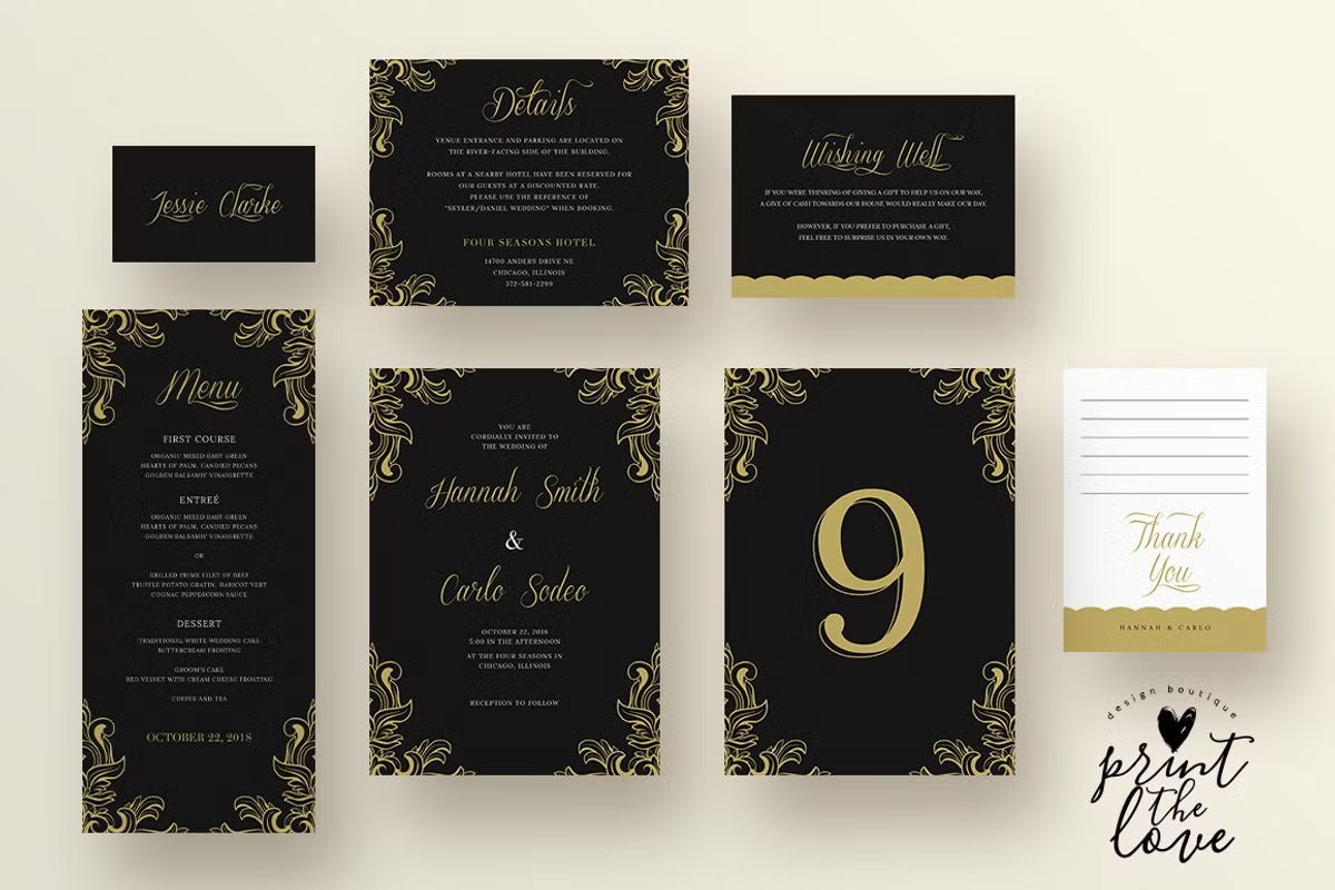 Black and gold wedding invitation suite with minimalist gold foil typography