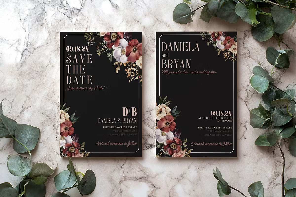 Art Deco black and gold wedding invitation with bold geometric patterns.