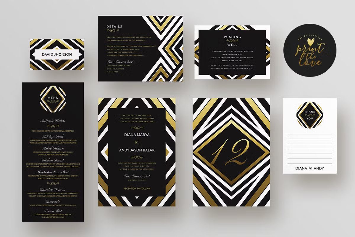Art Deco black and gold wedding invitation with bold geometric patterns.