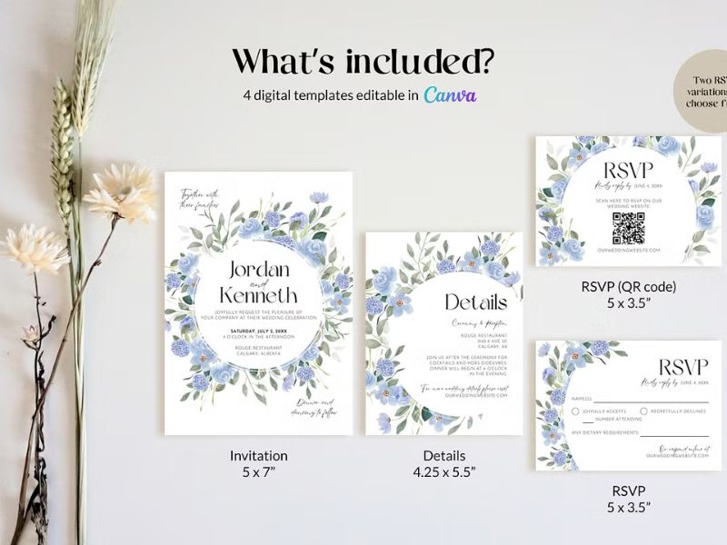 dusty blue wedding invitation suite with watercolor floral elements