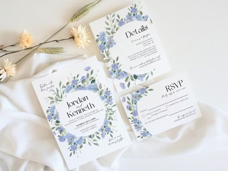 dusty blue floral wedding invitation template with watercolor flowers