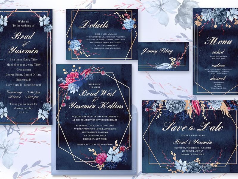 dark navy blue watercolor wedding invitation suite elegant design