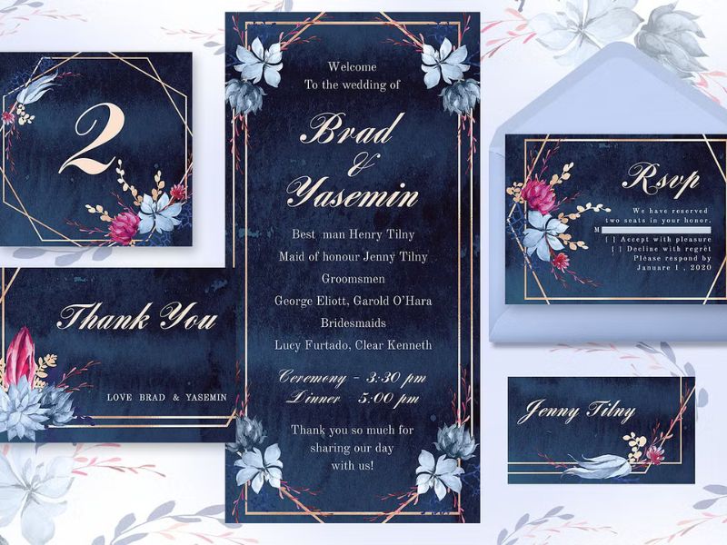 navy blue watercolor wedding invitation suite with floral branches