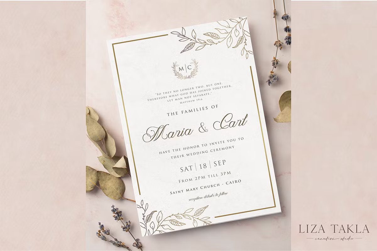 Elegant floral gold wedding invitation template with delicate leaf illustrations and luxury typography.