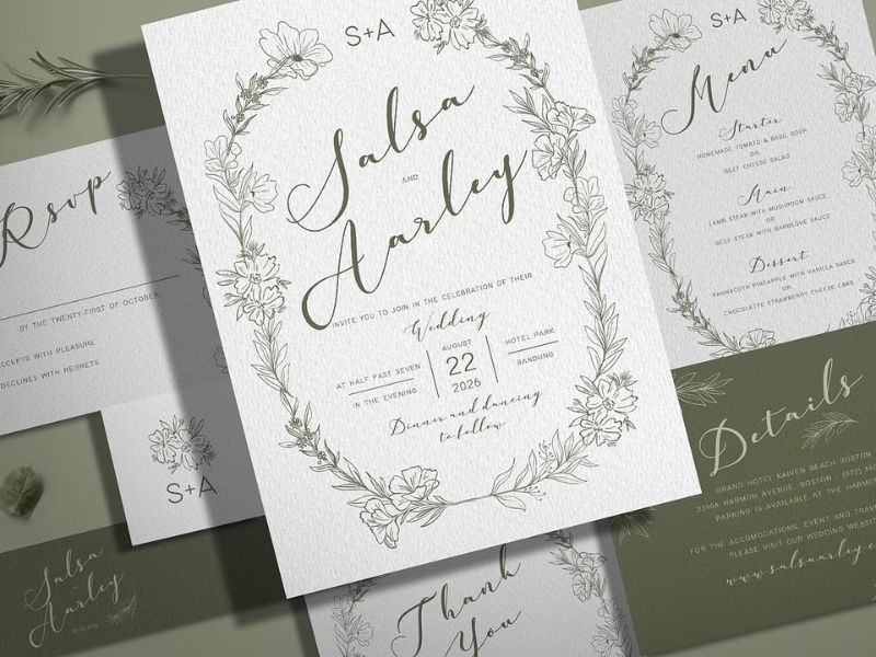 sage green wedding invitation suite with floral frame illustration