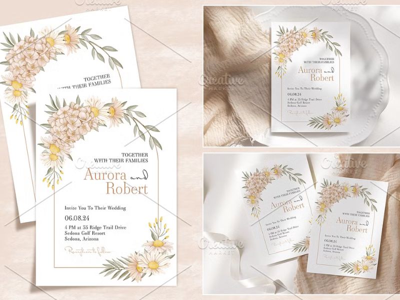 elegant terracotta wedding invitation card with floral illustration