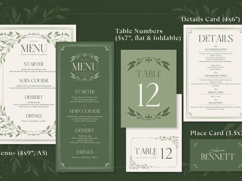 green botanical wedding invitation suite template