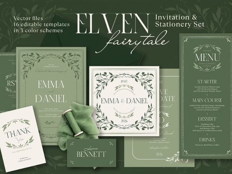 elven fairytale botanical wedding suite template