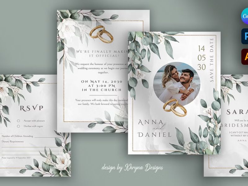 eucalyptus greenery wedding invitation suite with botanical leaves design
