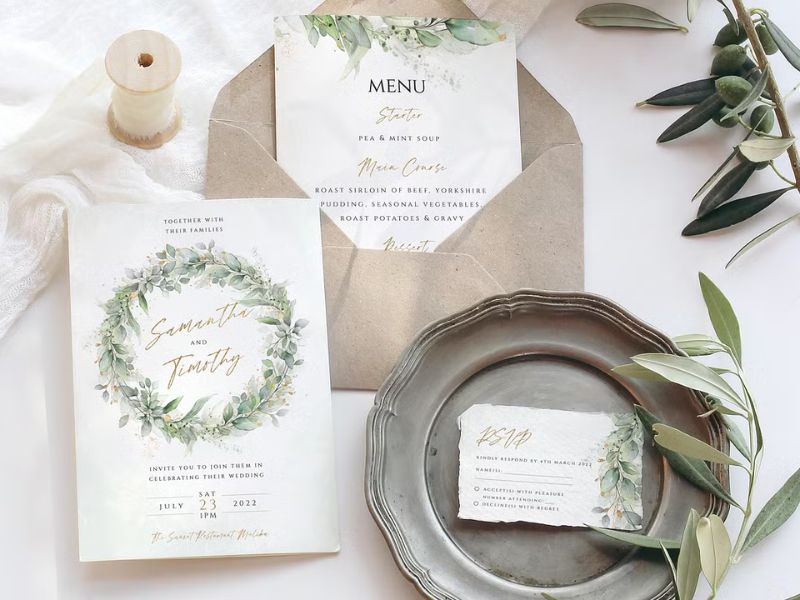 eucalyptus sage green wedding invitation suite botanical stationery design