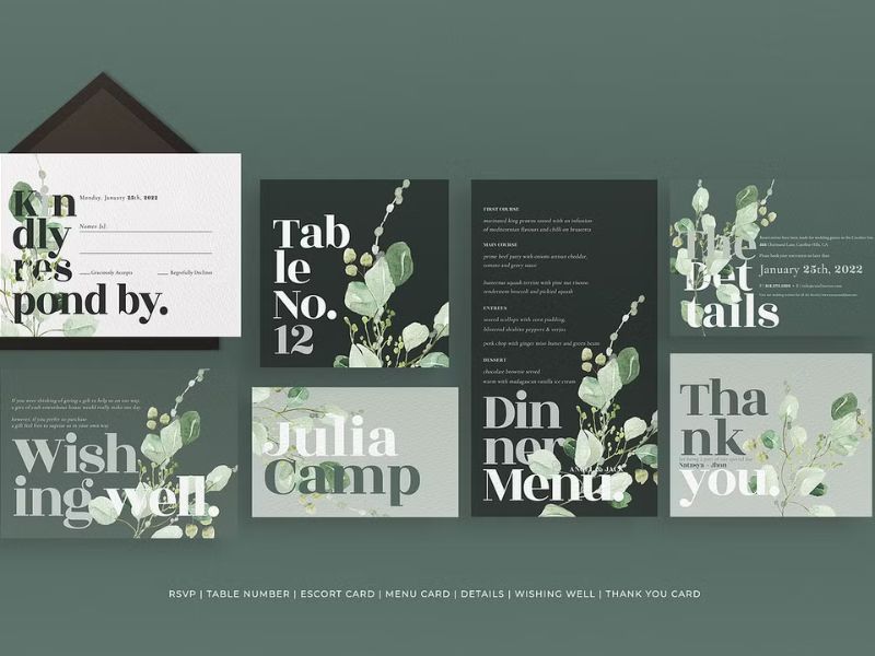 green eucalyptus botanical wedding invitation template for garden wedding stationery  