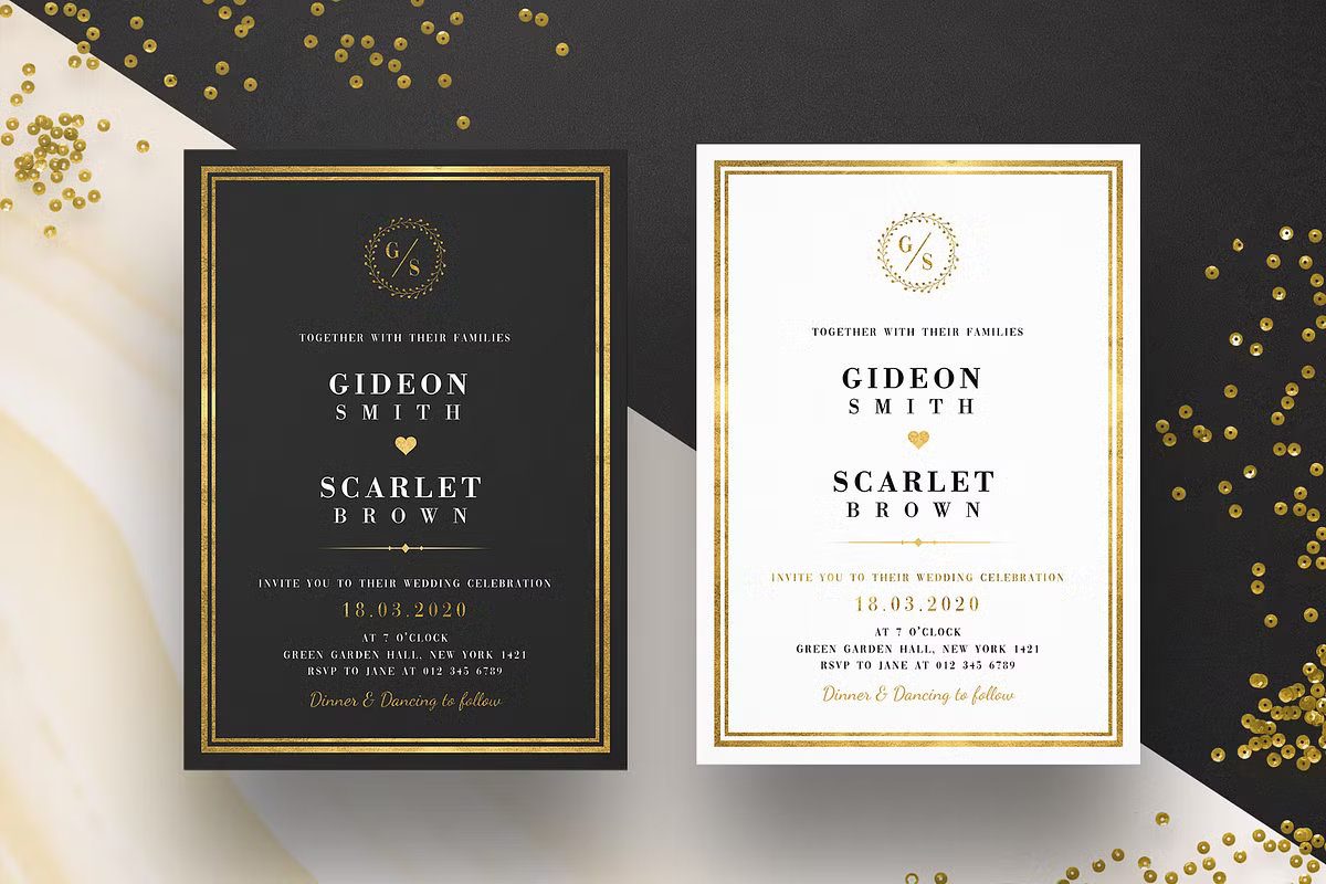 Classic gold wedding invitation template with black and white card options.