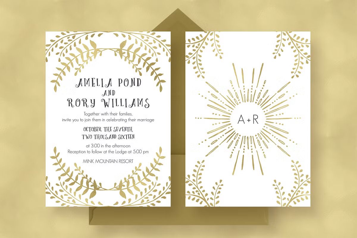 Radiant gold wedding invitation template with wreath and sunburst design.