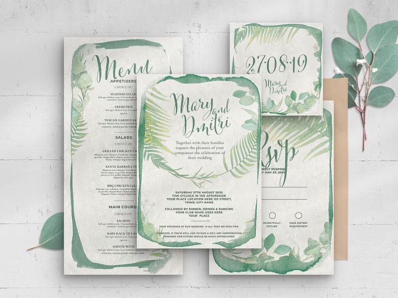 sage green watercolor foliage wedding invitation suite botanical design