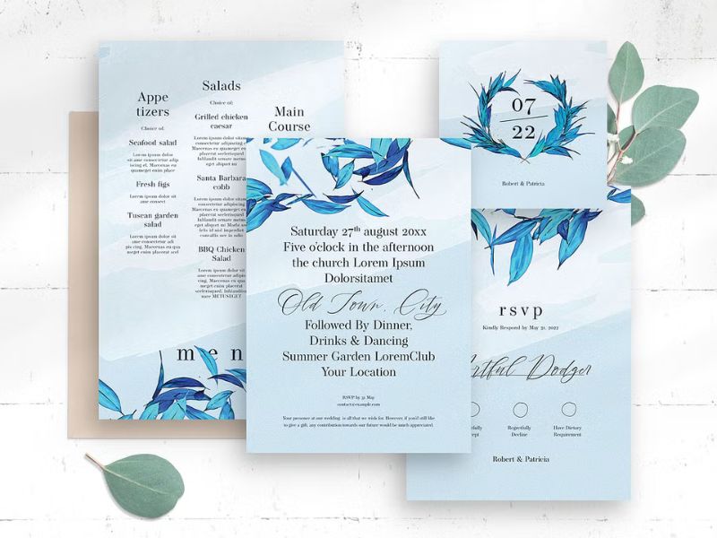 light blue wedding invitation template set with save the date and details card