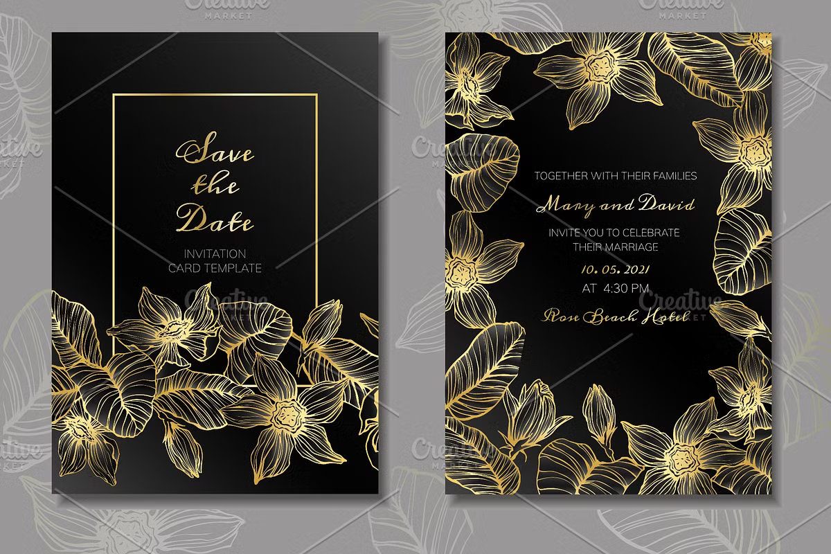 Luxury black and gold wedding invitation with intricate golden orchid illustrations.