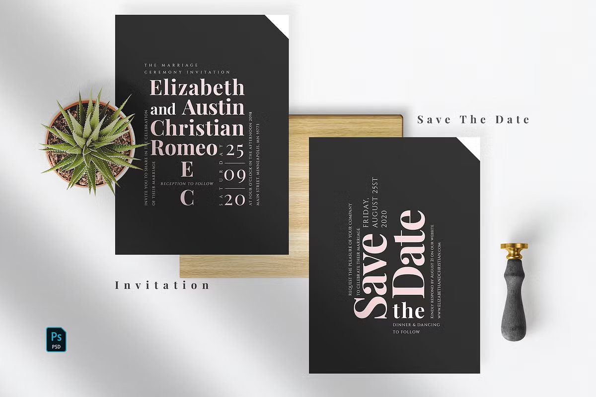 Minimalist black and dusty pink wedding invitation with unique angular card designs.