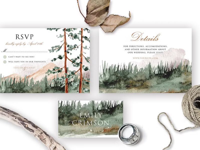 mountain view wedding invitation suite with pine trees watercolor illustration