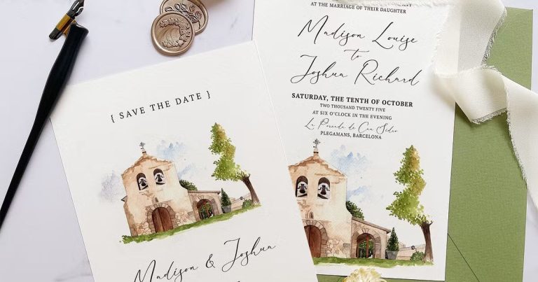 rustic church wedding invitation with watercolor vintage church illustration