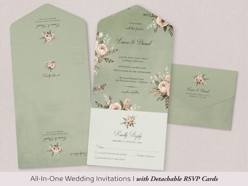 botanical sage green greenery wedding invitation suite minimalist design