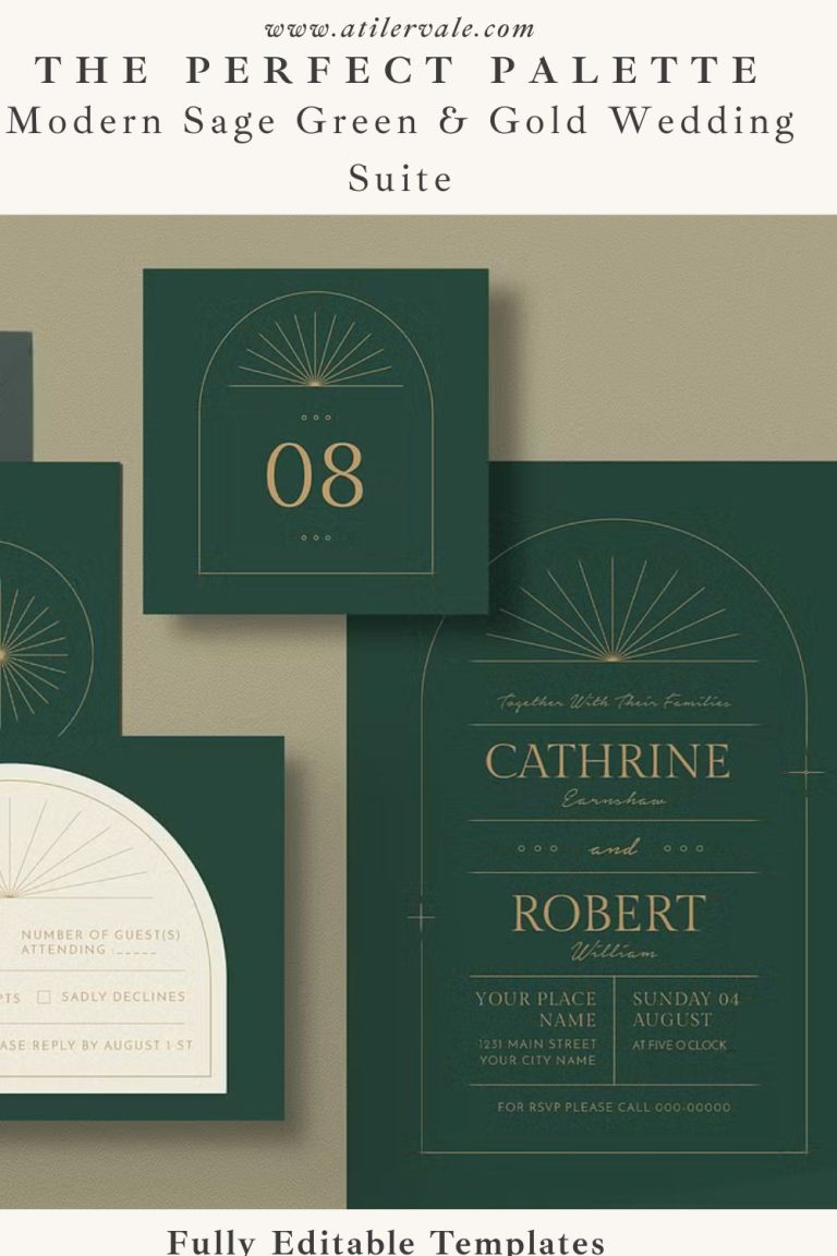 Pinterest pin for moody sage green and gold wedding invitations with modern geometric arches