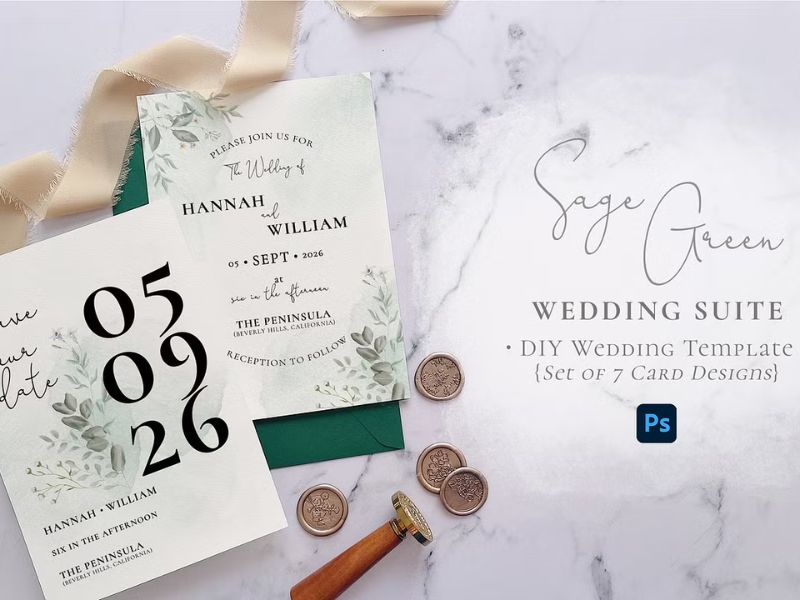 sage green watercolor wedding invitation suite botanical design