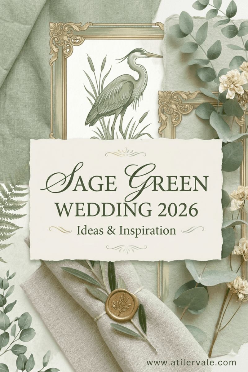 Vertical board cover for Sage Green Wedding 2026 featuring aesthetic stationery, botanical illustrations, and wax seals.