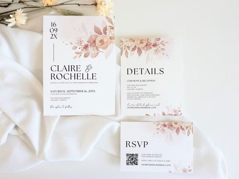 terracotta floral wedding invitation template with botanical flowers