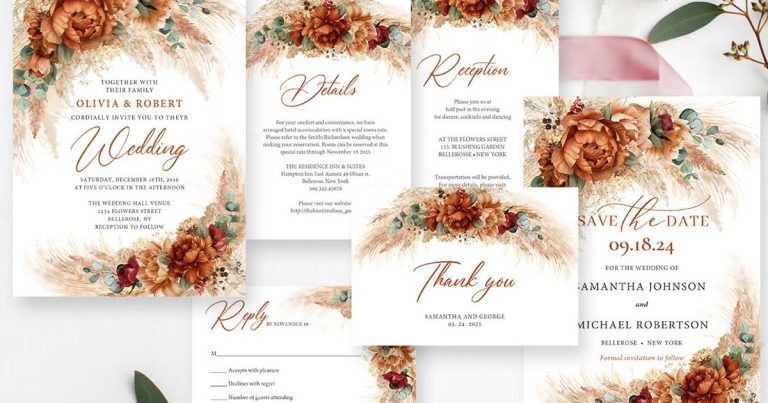 boho terracotta wedding invitation suite with pampas grass and dried floral design