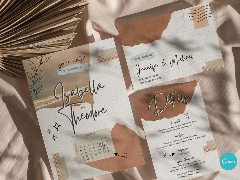 terracotta paper wedding invitation template with minimalist design