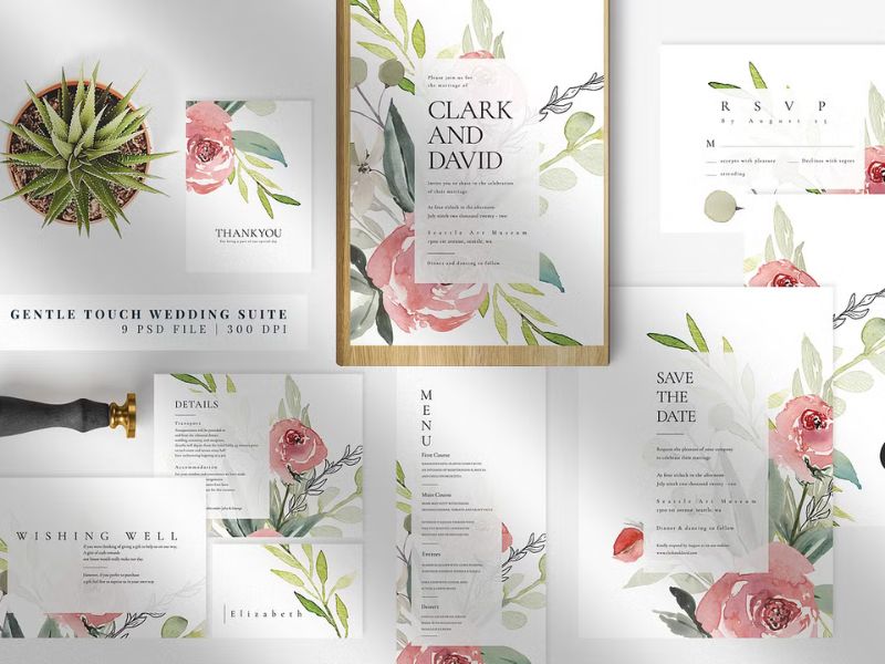 floral botanical wedding suite template with delicate flowers