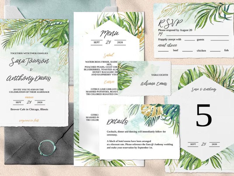 sage green tropical wedding invitation suite with watercolor leaves