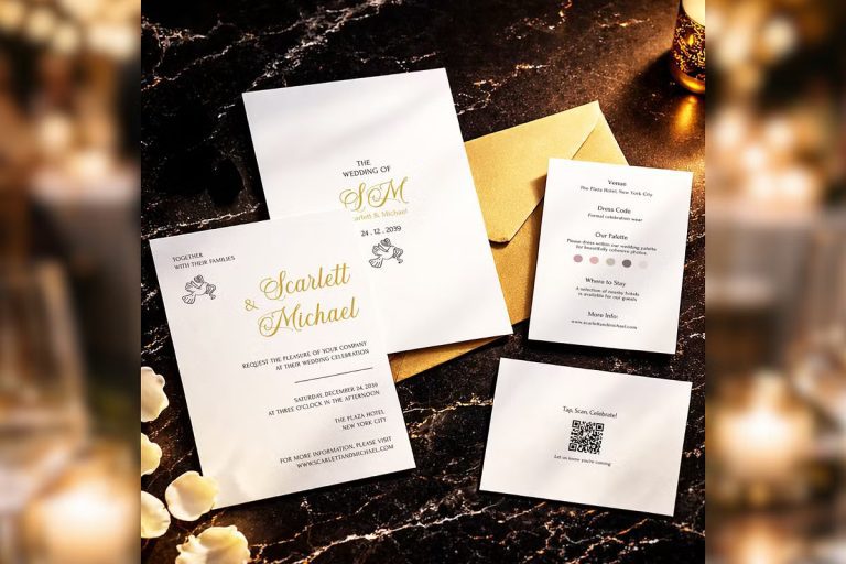 Minimalist white and gold wedding invitation suite with gold-lined envelope