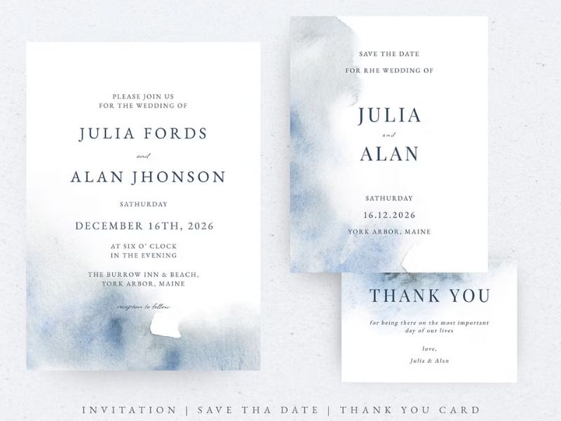 dusty blue watercolor wedding invitation template with elegant botanical design