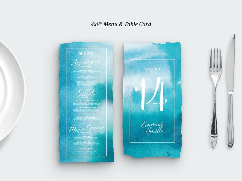 complete blue watercolor wedding stationery suite with invitation and rsvp cards