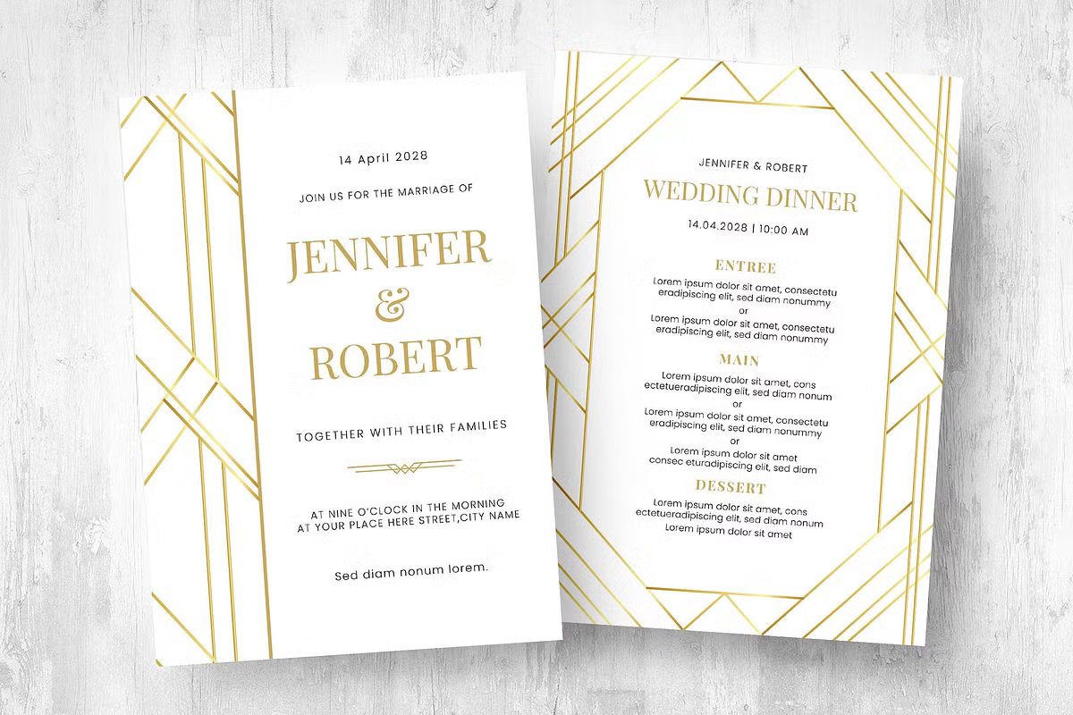 Contemporary gold wedding invitation template with linear geometric patterns and white cardstock