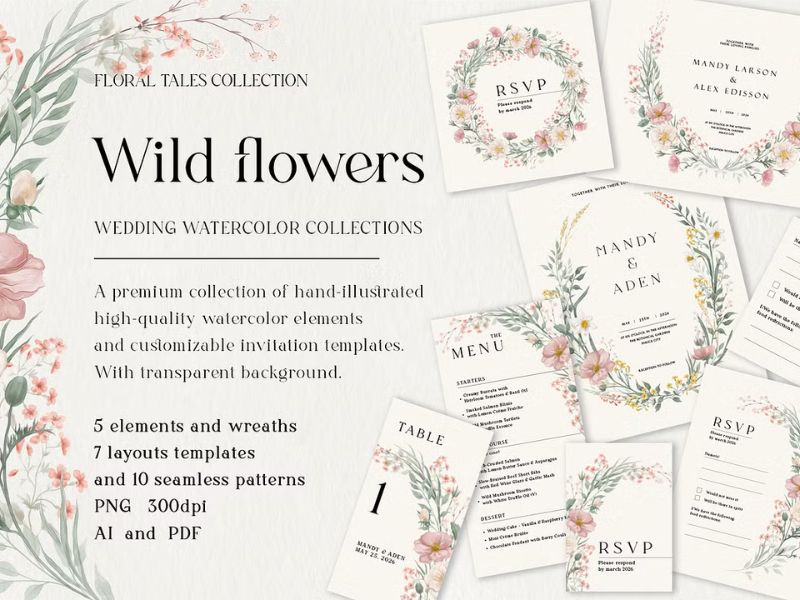 Wild flowers watercolor botanical wedding suite templates with romantic floral invitation design
