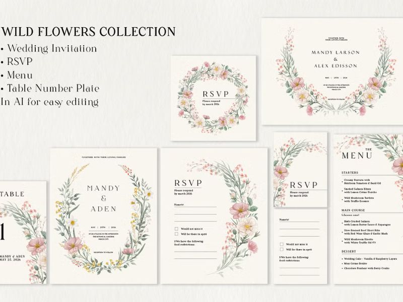 watercolor wild flower wedding invitation template with botanical floral elements
