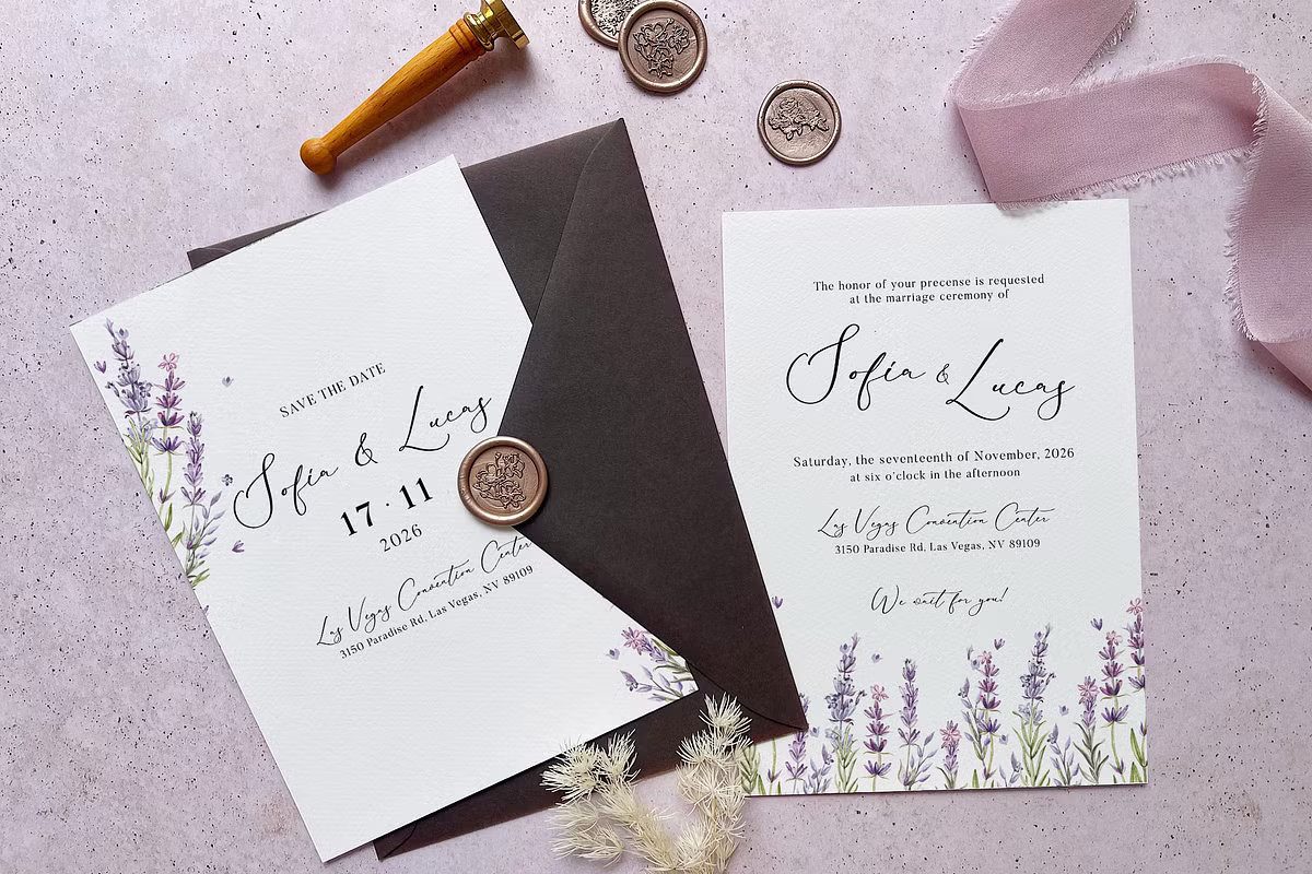 Lavender wedding invitation suite with floral watercolor design for romantic garden wedding
