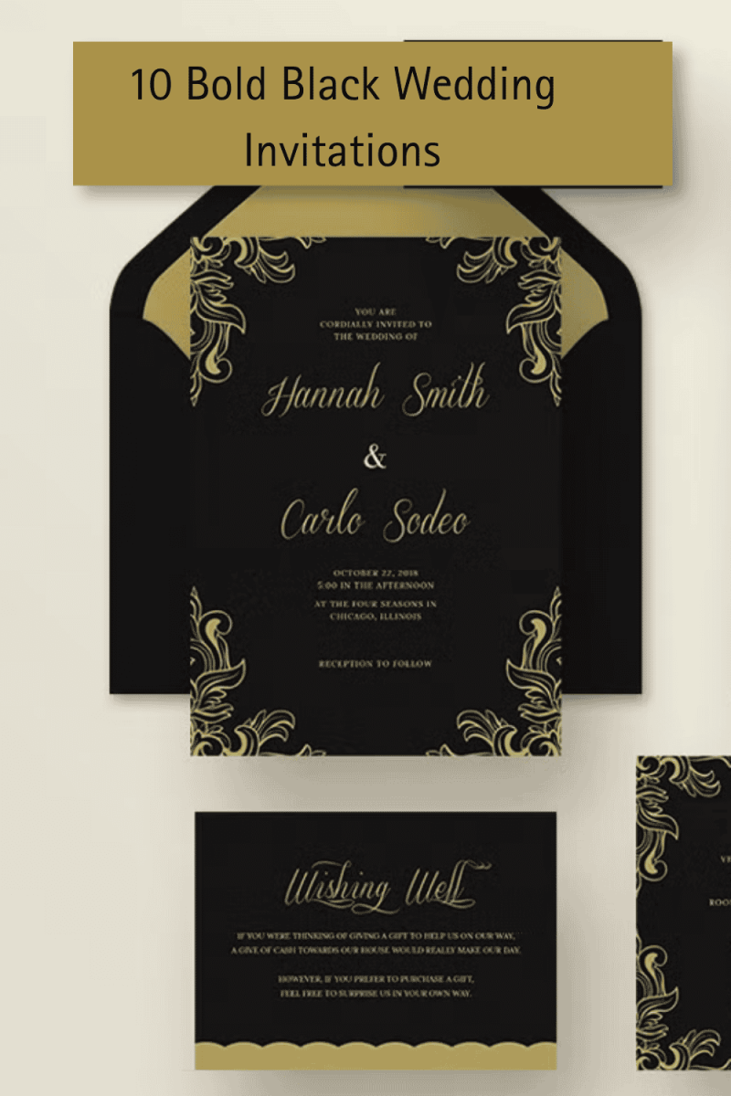 A luxurious black wedding invitation suite with gold floral patterns and elegant typography, including menu, RSVP, and details cards.