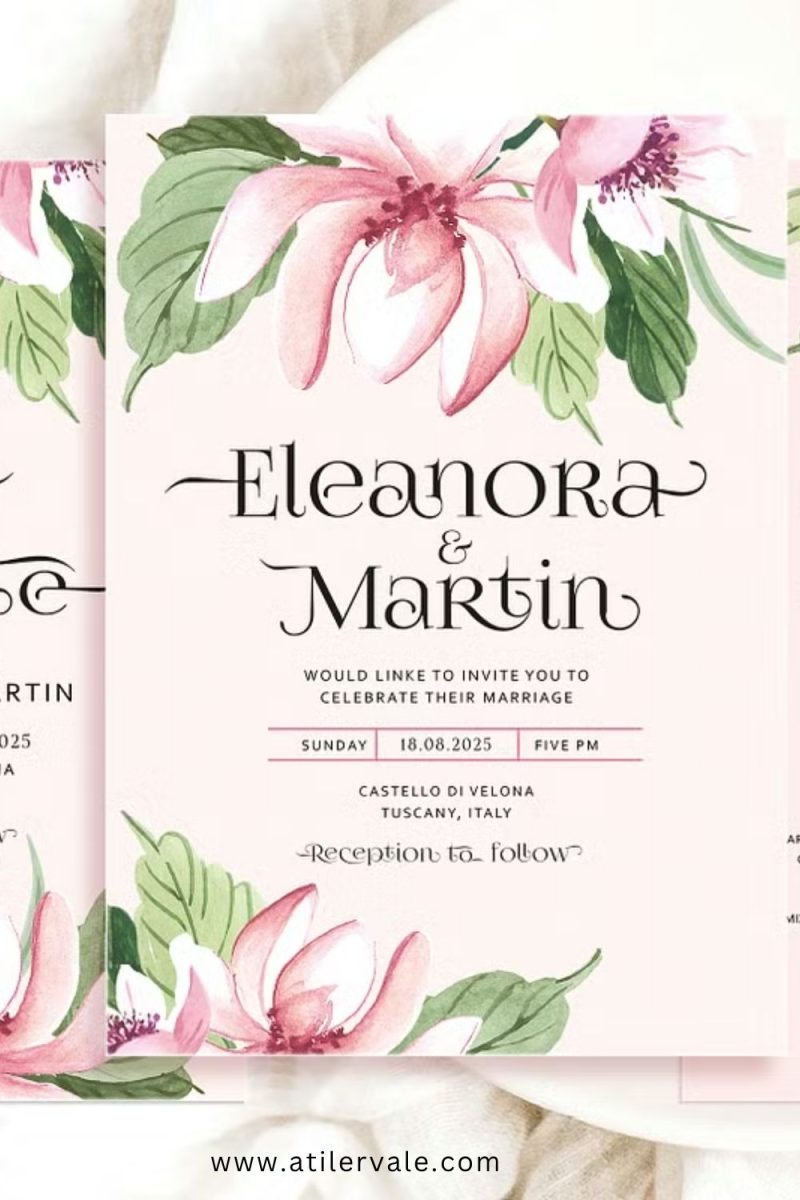 botanical wedding invitation suite with greenery and floral design