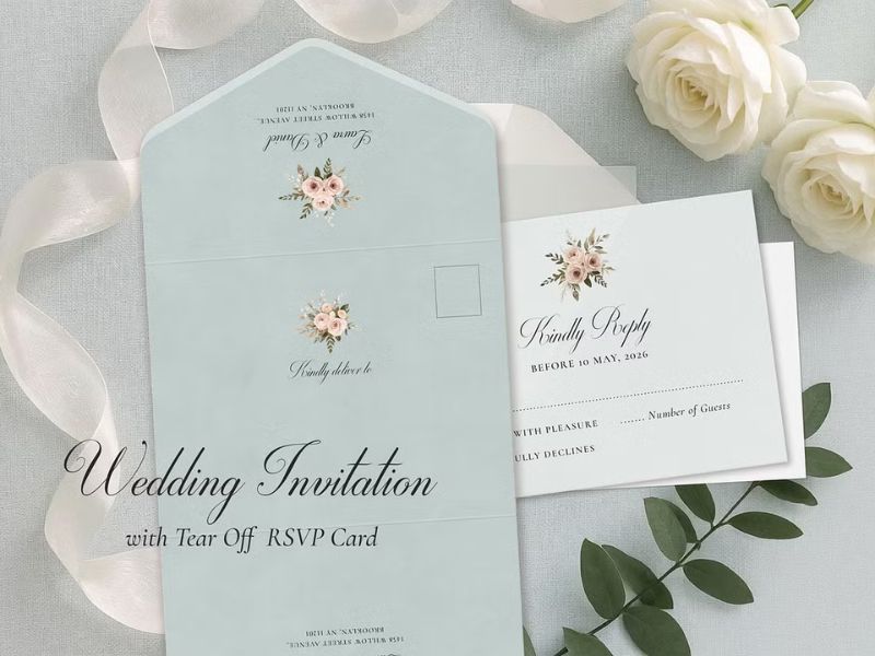 romantic dusty blue floral wedding invitation template with tear off rsvp