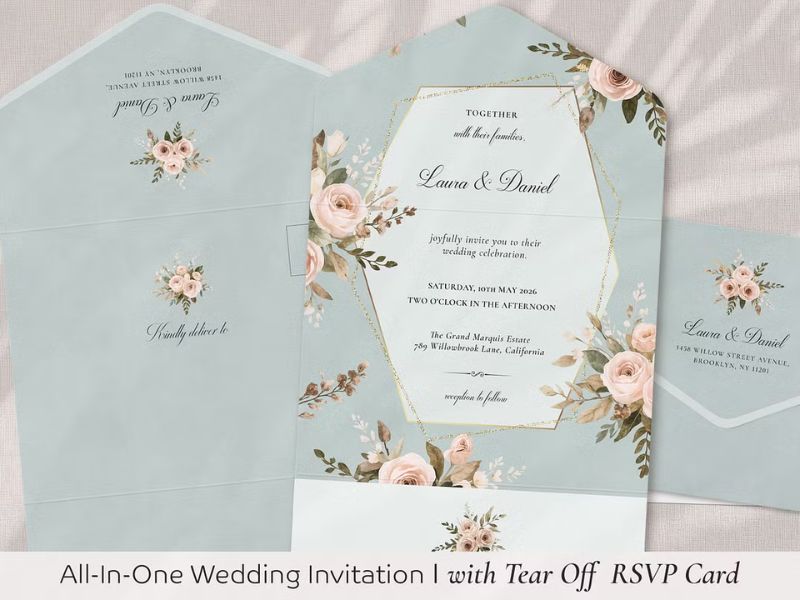 dusty blue all in one wedding stationery design with botanical details