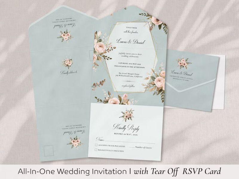 Dusty Blue All-In-One Wedding Invite