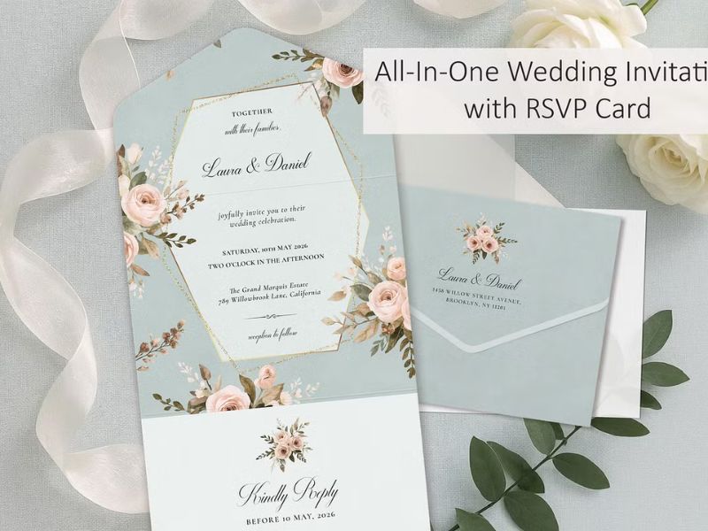 dusty blue floral all in one wedding invitation with rsvp card