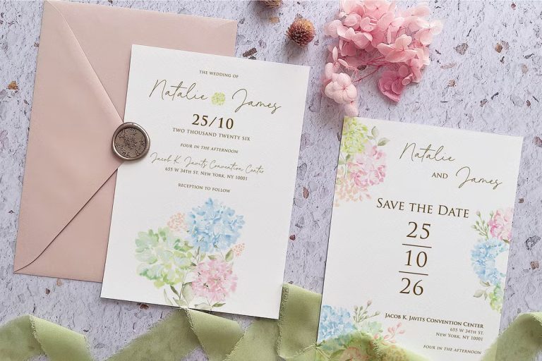 elegant hydrangea wedding invitation suite with watercolor floral design and pastel colors