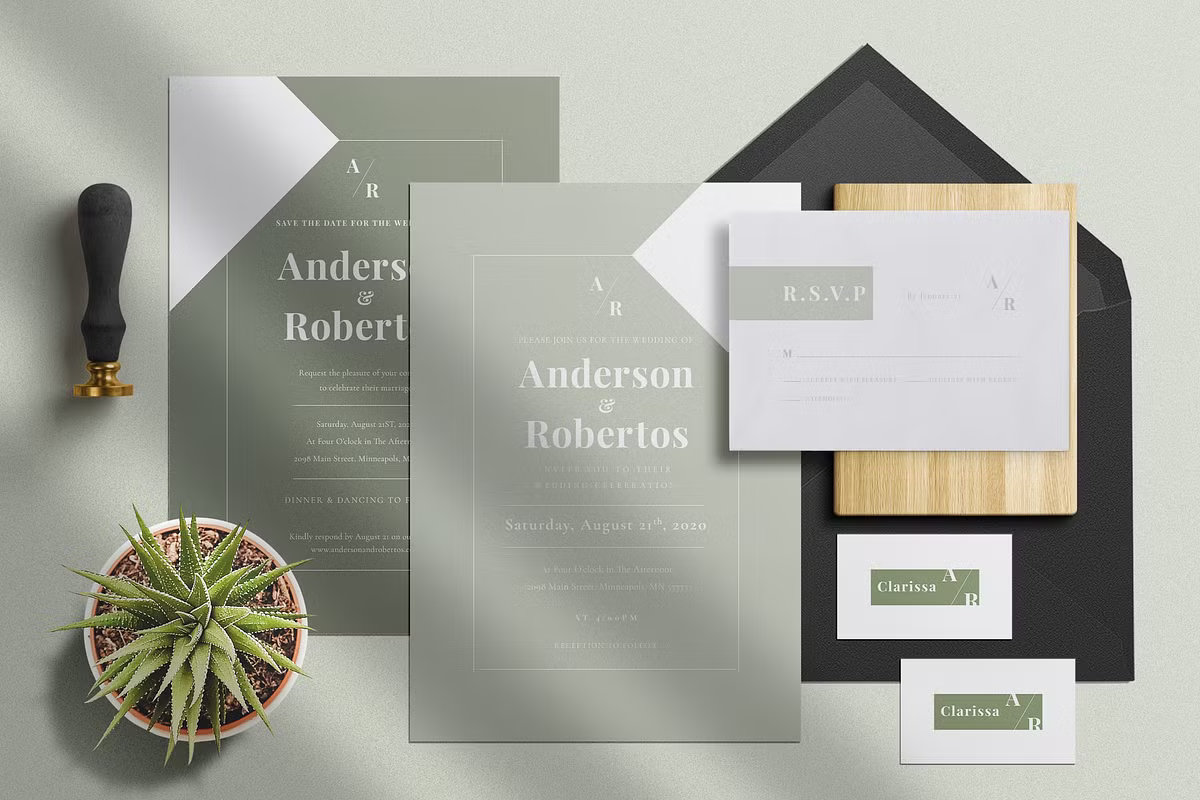 minimal green wedding invitation suite template editable in canva