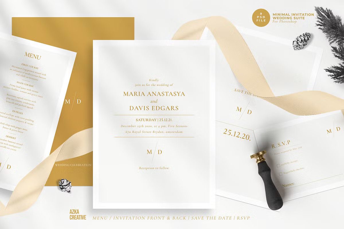 Elegant gold wedding invitation template with minimalist typography and luxury champagne ribbon.