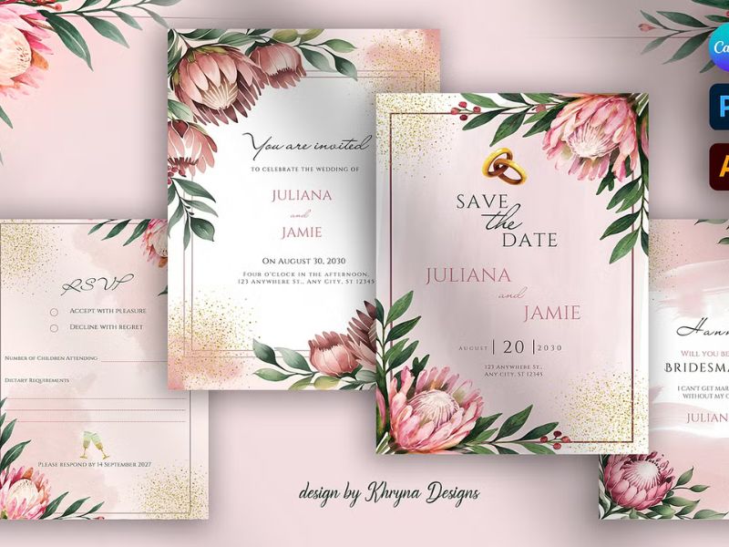 protea floral wedding invitation suite with elegant botanical flower design